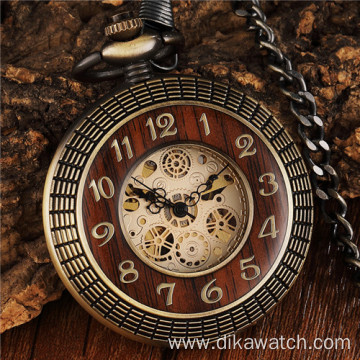 Vintage Wood Circle Carved Number Dial Mechanical Pocket Watch Men Unique Hollow Steampunk Bronze Mechanical Clock Watch chain